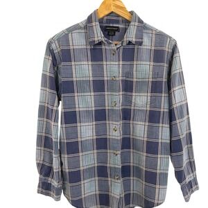 VTG Angelique Blue Plaid Button Down Shirt Womens 100% Cotton Long Sleeve L